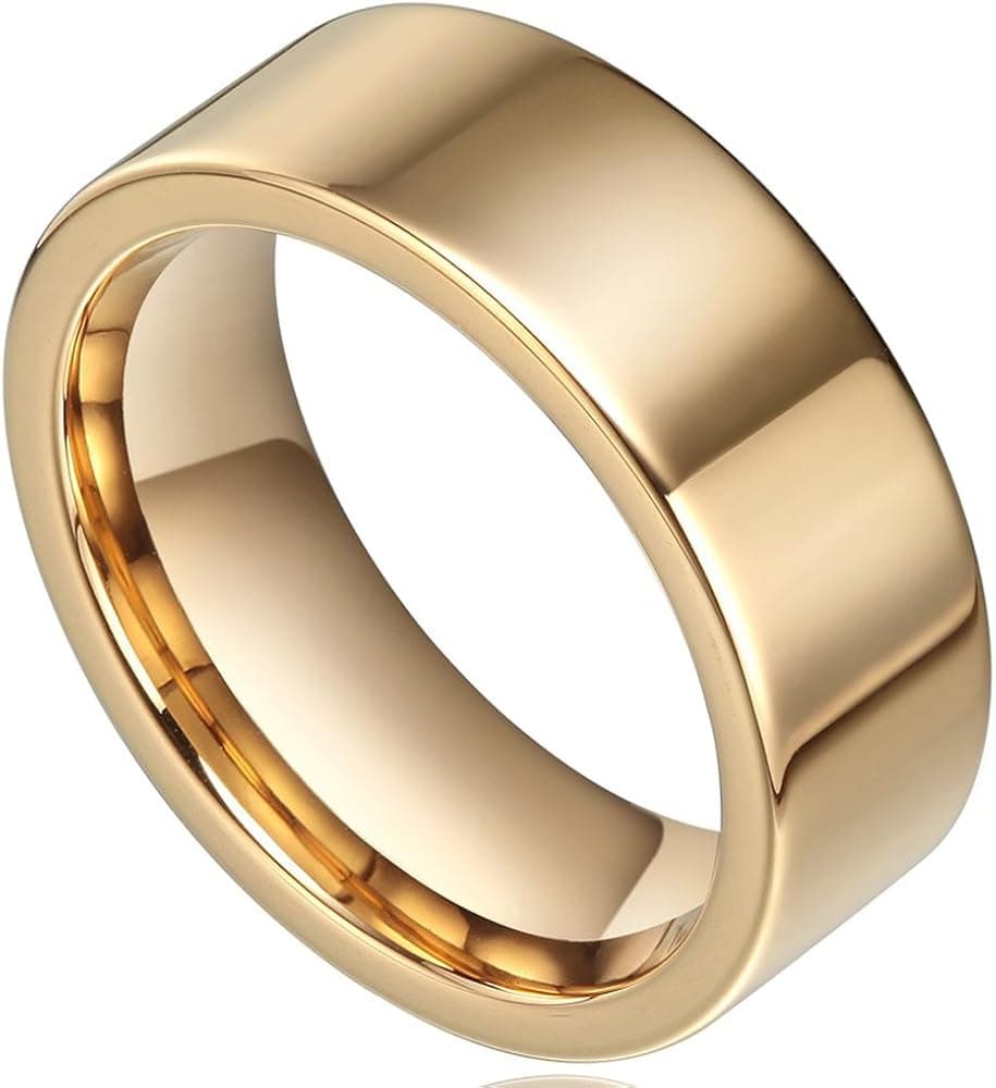 TIGRADE 8mm Plated Gold Flat Polished Plain Men's Tungsten Ring Comfort Fit