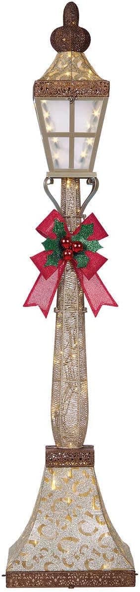 Holiday 6’ LED Street Lamp Post with Bow, Glittery Gold