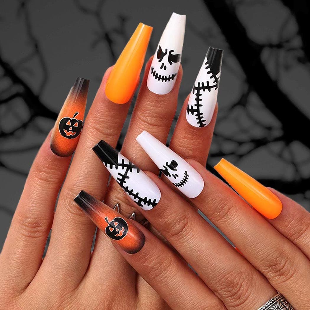 Uranian Coffin Extra Long Press on Nails Halloween Fake Nails Spider Blood Glossy Full Cover False Nails Acrylic Nails Tips for Women and Girls 30 PCS (B-Orange)