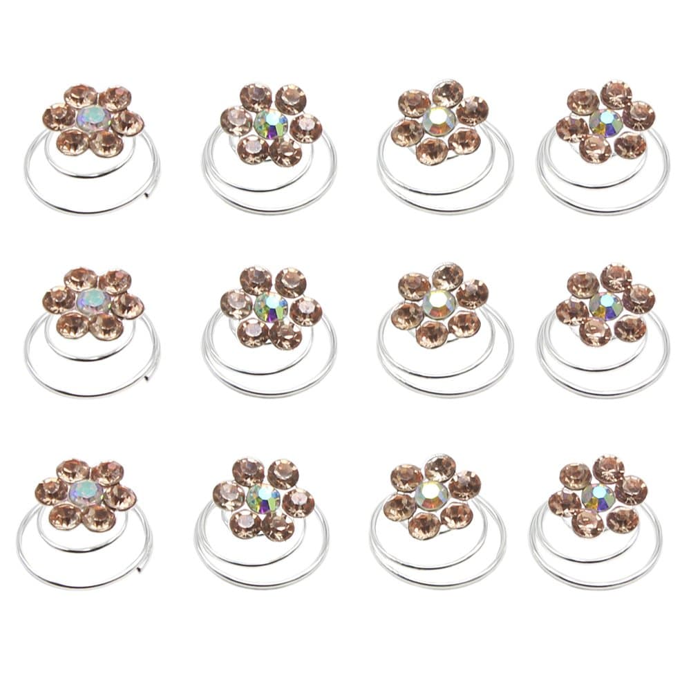 Newstarfactory Rhinestone Studded Collection Flower Spiral Hair Pin Pack of 12 (Champagne)
