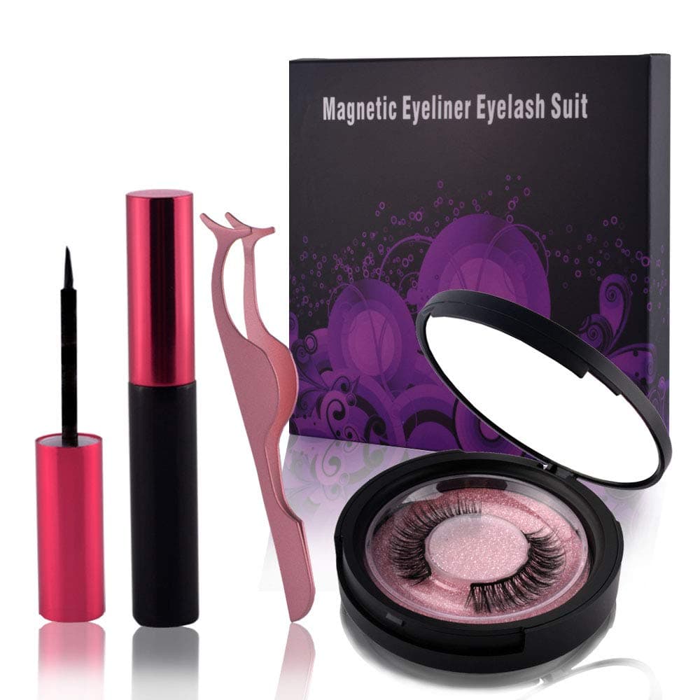 Magnetic Eyeliner with 3D Magnetic Eyelash Set, No Glue Reusable Natural Full Eye Ultra-thin Waterproof Fake Lashes with Black Mirror and Eyelashes Tweezer Easy To Use