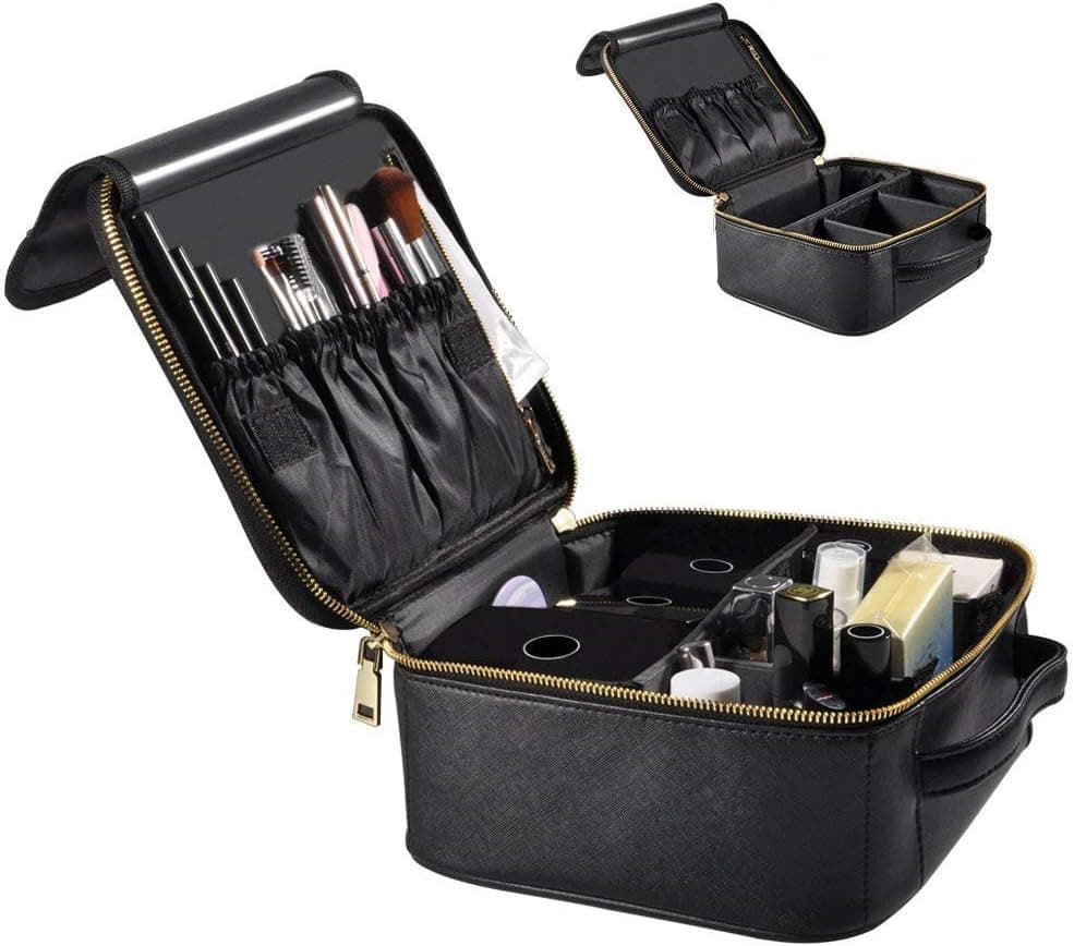 Portable Travel Makeup Bag, Waterproof Makeup Train Case Cosmetic Organizer Kit Artists Storage for Cosmetics, Makeup Brush Set, Toiletry And Travel Accessories(Small,Black)