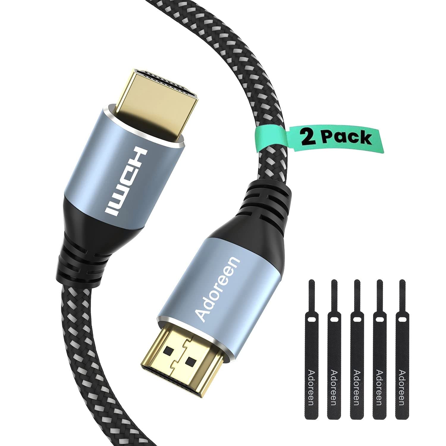 Adoreen 4K HDMI Cable 3 feet/2 Pack, High Speed 18Gbps HDMI 2.0 Cable (1.5-60ft), HDR HDCP 3D 4K@60Hz 2K,1080P, ARC Ethernet, Braided Cord,Compatible Monitor UHD TV PC PS3 PS4 with 5 Cable Ties