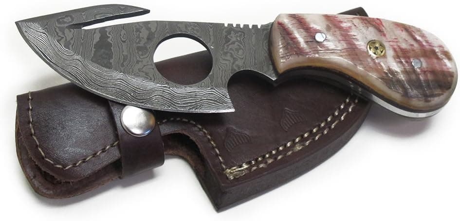 Wild Turkey Handmade Damascus Steel Color Bone Handle Fixed Blade Full Tang Skinner Knife w/Leather Sheath Hunting Camping Fishing Outdoor
