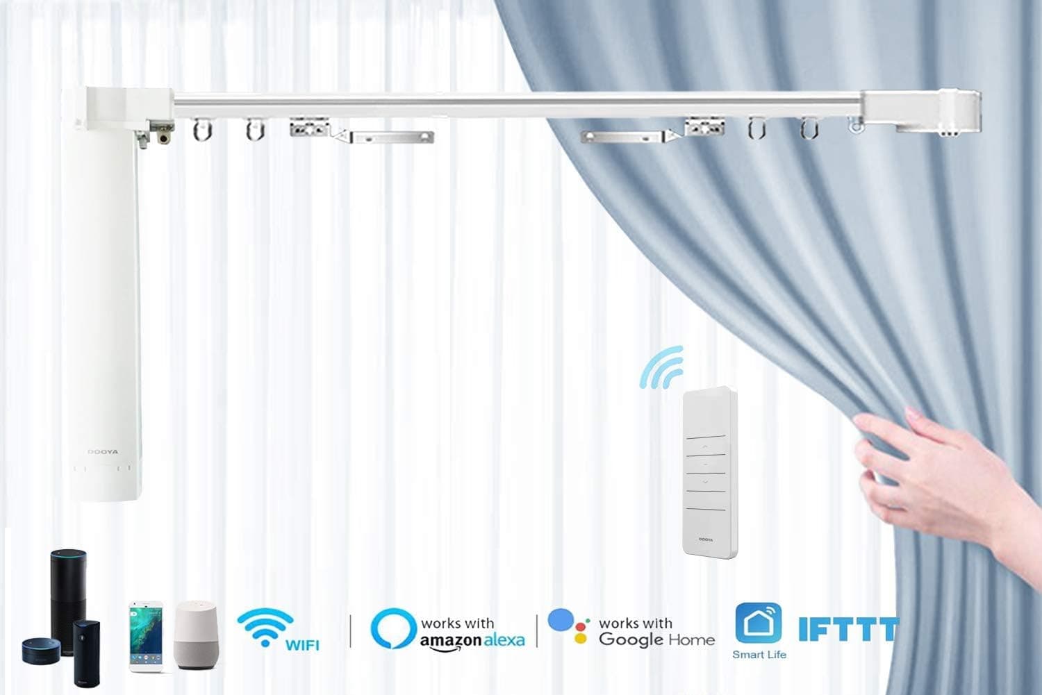 Surpass WiFi Electric Remote Control Drapery System,Curtain Motor with DIY Tracks, Compatible with Alexa, Google Home, Customizable Length (0~3m (0~118inch))