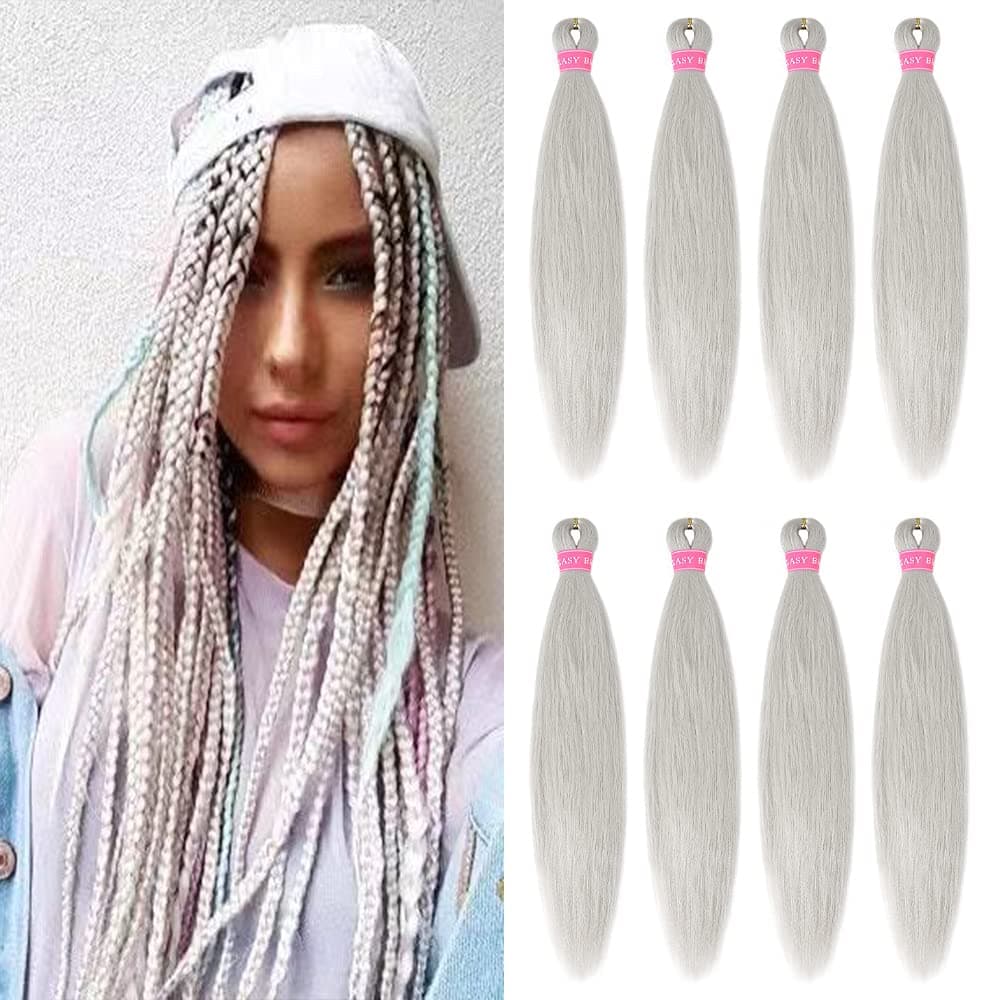 MSCHARM Pre Stretched Braiding Hair 28 Inch 8 Pack Synthetic Crochet Braid No Itch Fiber Braiding Hair Extensions Ladies Hot Water Setting(Silver)