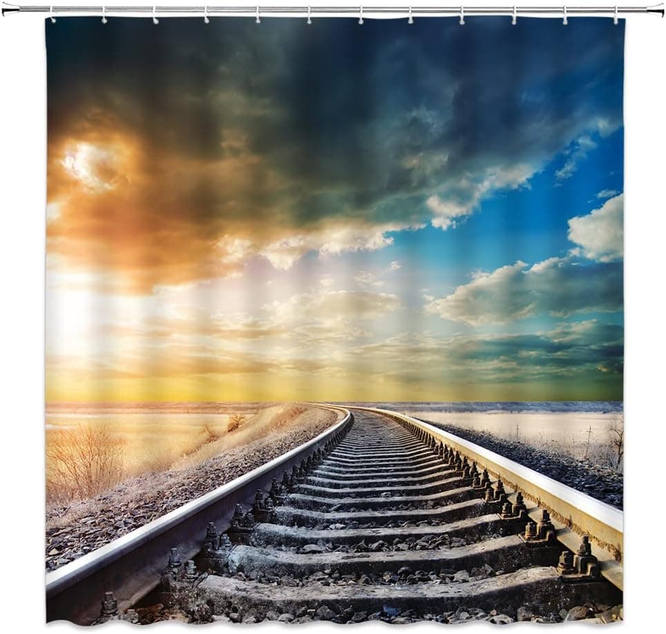 Xegobzz Train Track Railway Shower Curtain Horizon Wilderness Nature Scenery Plain Blue Sky White Clouds Weed Western America Spring Sunlight Bathroom Curtain with Hook70×70Inch