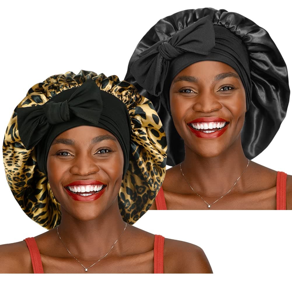 2 Pieces Adjustable Silky Hair Bonnet with Wide Elastic Tie Band Straps, Satin Sleeping Cap Jumbo Size for Women Hair Care