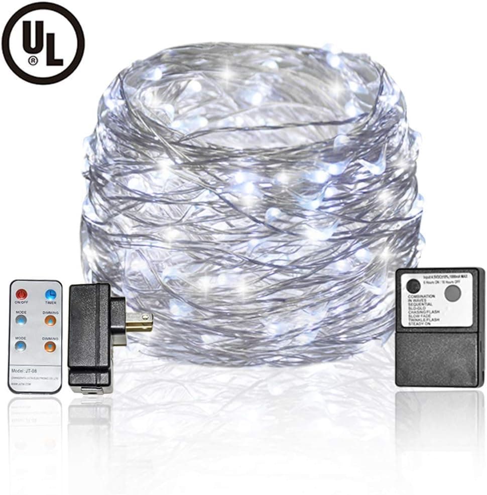 Plug-in Fairy Lights LED Fairy String Lights 33 Feet 100 LED 8 Modes Silver Wire Twinkle Fairy Lights Remote Control Firefly String Lights for Bedroom, Wedding, Party Decoration (Cool White)