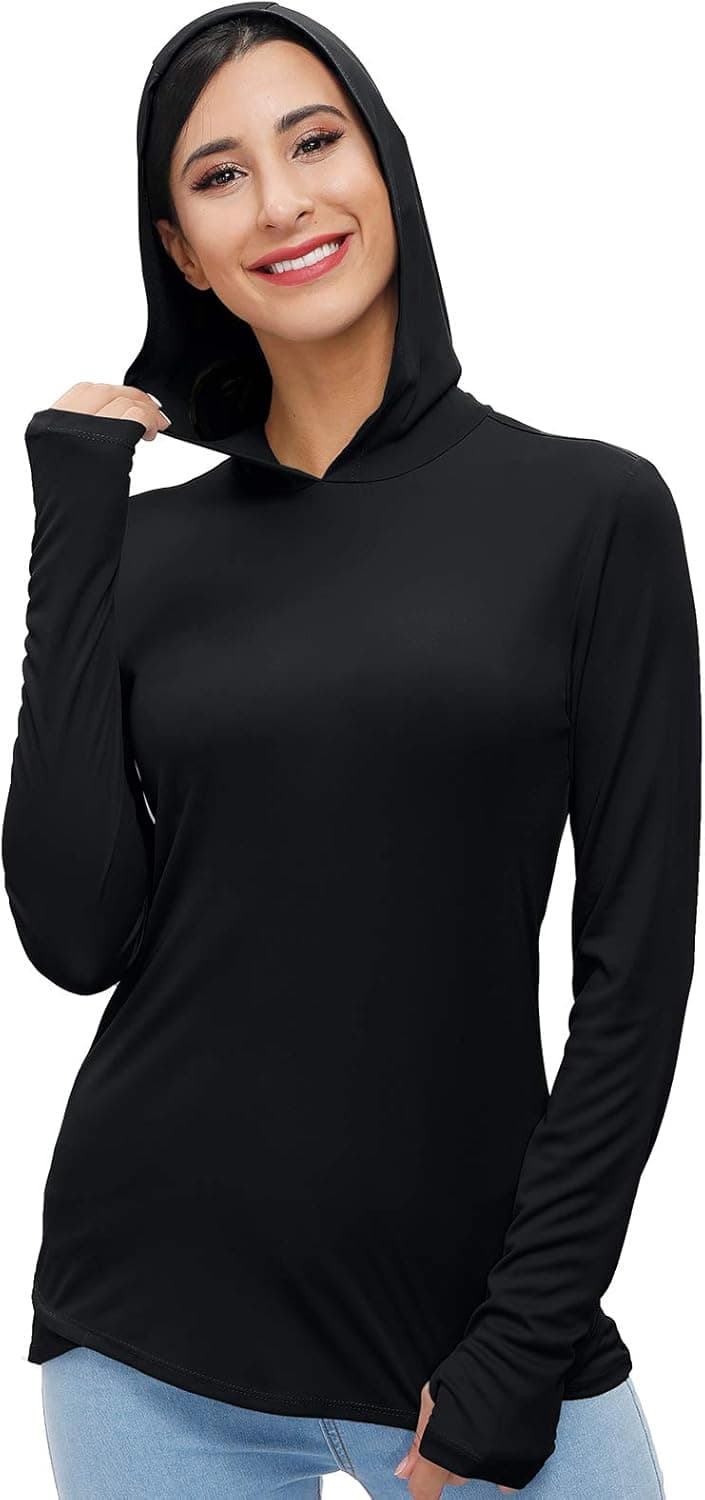 Women's Hooded Shirts UPF 50+ Sun Protection Long Sleeve T-Shirt Outdoor Hiking Hoodies Athletic Top SPF Shirt(Black-XL)