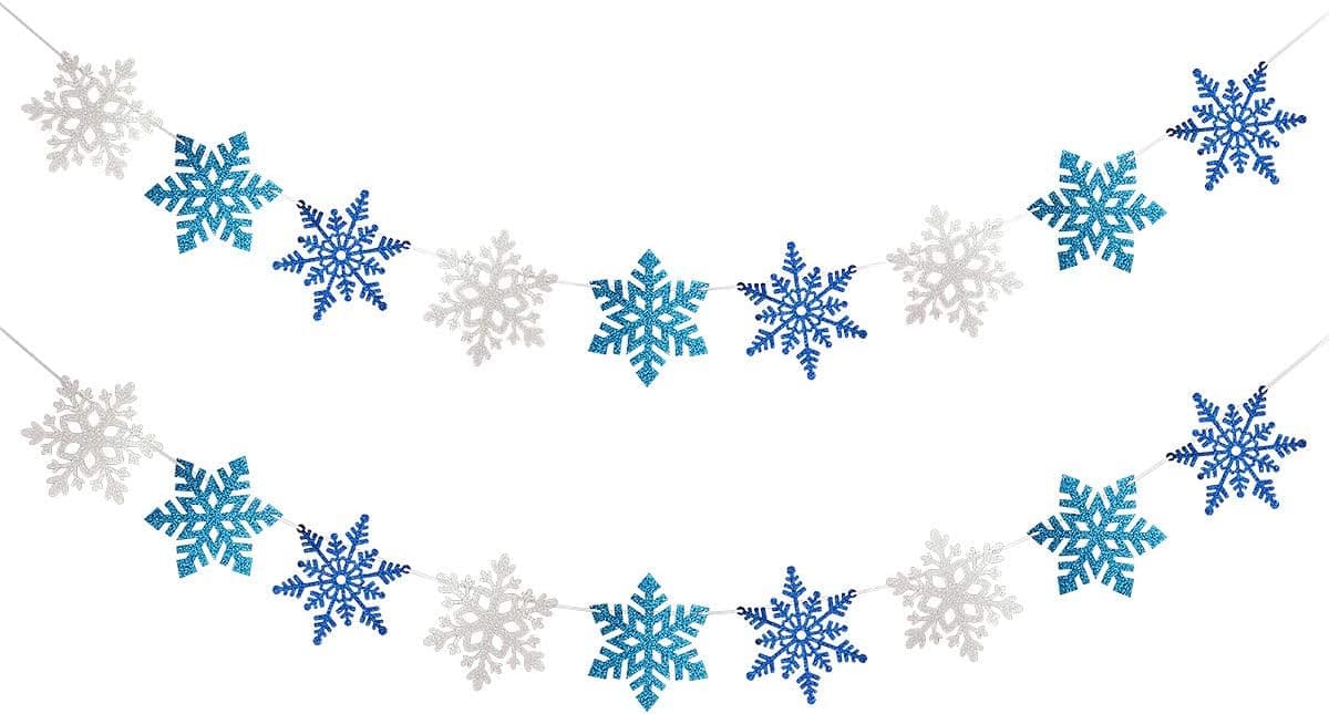 2 Pack White & Blue & Light BLue Glitter Snowflake Banner-Christmas Party Decorations,Winter Wonderland Birthday Baby Shower Decorations