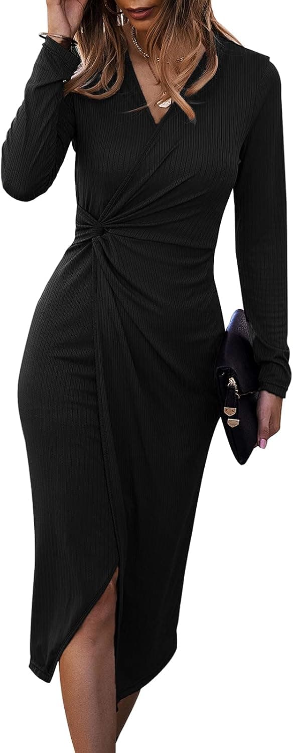SHIBEVER Women's Long Sleeve Bodycon Midi Dress Casual V Neck Twist Front Waist Slit Dress Ribbed Knit Party Fall Dress
