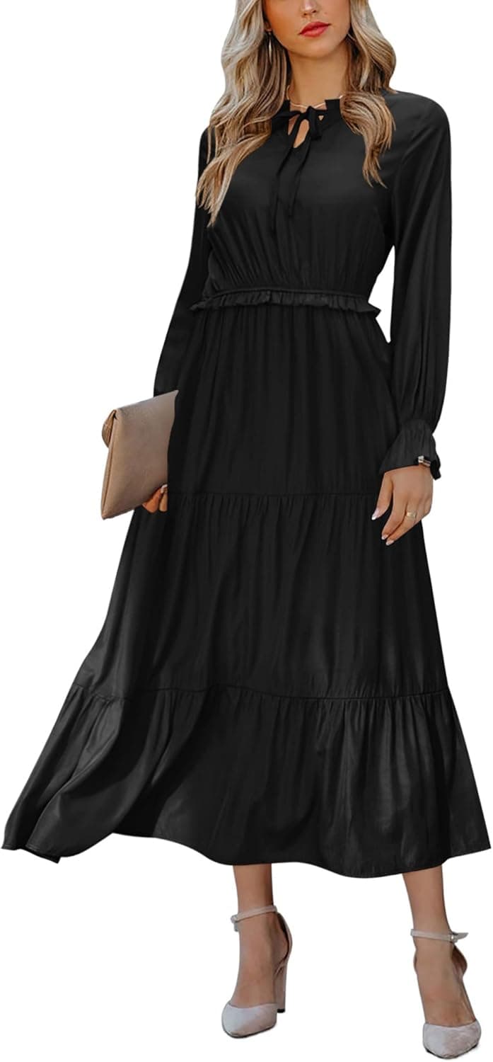 Chigant Casual Long Sleeve Dress for Women Crew Neck Tie Neck High Waist Ruffle Hem Solid Color Boho Flowy Maxi Dresses