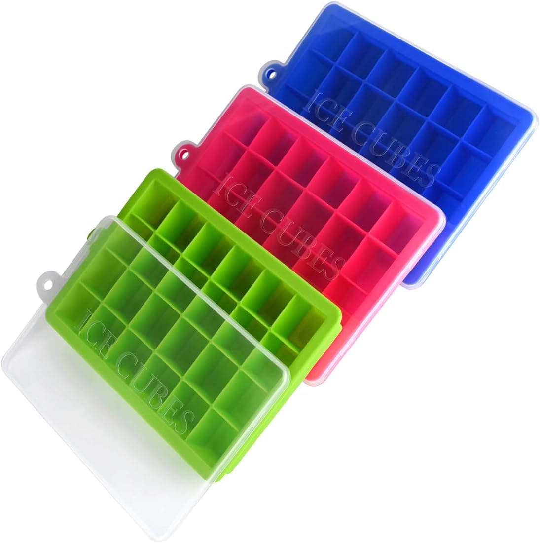 Silicone Ice Cube Trays 3 Pack, 24 Cubes per Tray, with Spill-Resistant Removable Lid,BPA Free