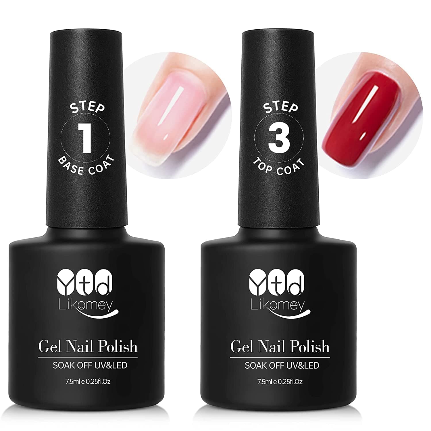 YTD Likomey Gel Nail Polish Base and Top Coat Set,2 Pcs 7.5ml Soak Off UV Lamp Cured Nail Gel Polish,Clear Long Lasting No Wipe Glossy Shine Top Coat Salon Home DIY and Manicure Salon Use