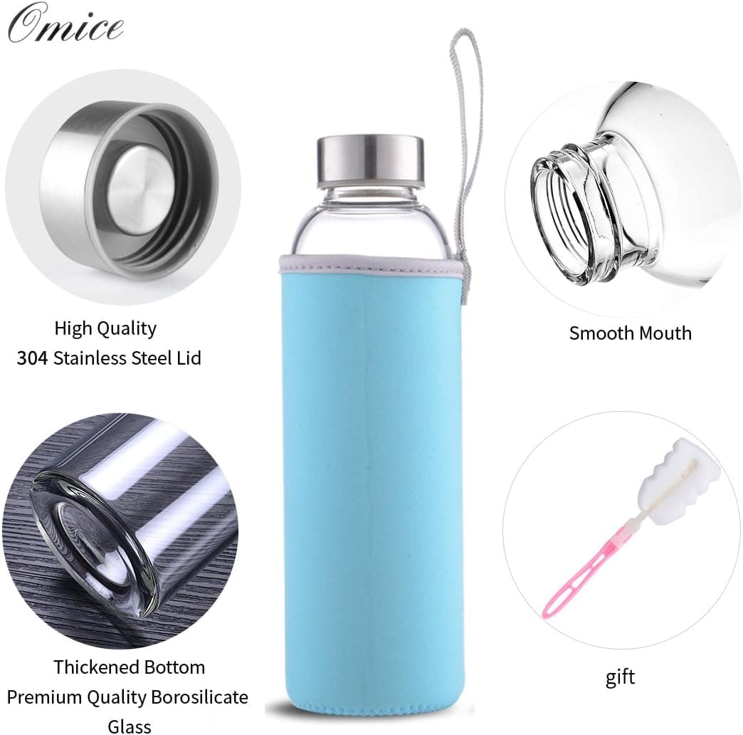 OMICE Glass Water Bottle BPA-Free Borosilicate Glass 18 oz with Stainless Steel Leak-Proof Cap, Nylon Sleeve and Gift Sponge Brush