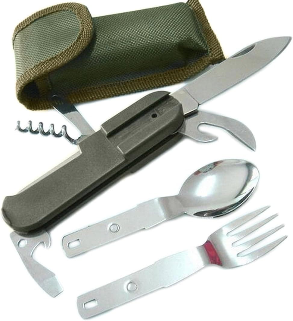 Fakeface Portable Multitool Folding Stainless Steel Utensil Set Tableware Dinnerware Tool - Spoon, Fork, Knife, Can Bottle Opener, Cork Screw, Awl Kit with Canvas Carry Pouch