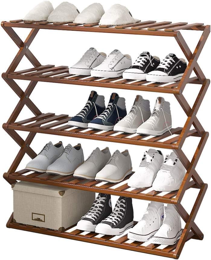 UDEAR Bamboo Shoe Rack,Foldable Free Standing Shoe Shelf Storage Organizer Multifunction,Free Installation,Living Room,Bathroom,Aisle,27.6×11.02×31.5inches,5-Tier,Dark Brown
