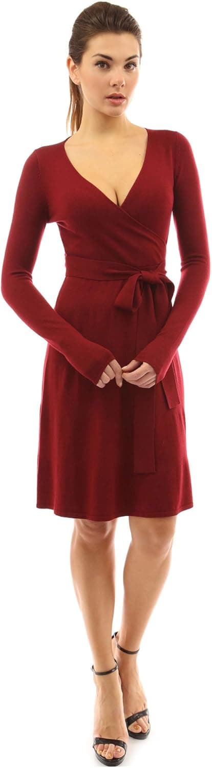 PattyBoutik Women V Neck Faux Wrap Long Sleeve Knit Dress (Burgundy Small)