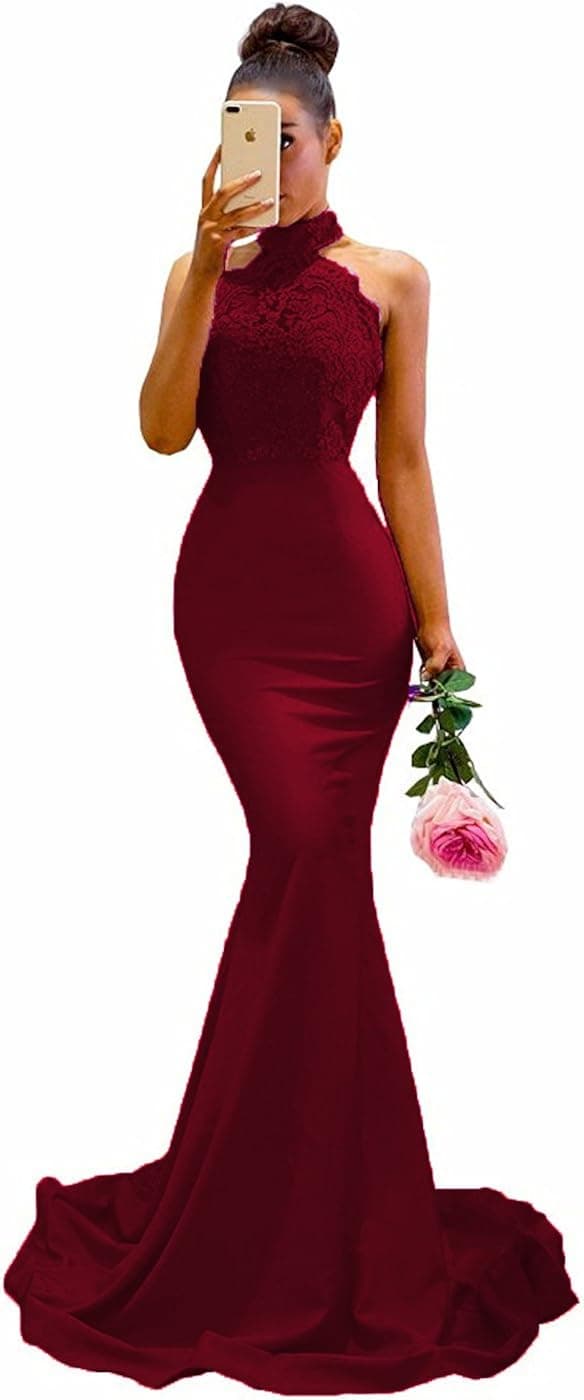 Women's Halter Mermaid Appliques Lace Long Bridesmaid Dresses Formal Party Gown for Weddings