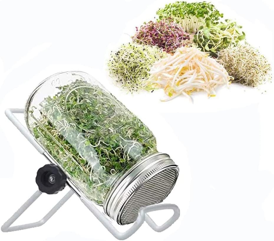Sprouting Kit, Seed Sprouting Jar Kit, Sprouts Growing Kit, 304 Stainless Steel Sprouting Lids, 86mm/3.38IN Caliber, 1000ml, One Wide Mouth Quart Mason Jar Sprout Canning Lid, Sprouter Maker with Stand for Growing Bean, Broccoli Seeds, Alfalfa