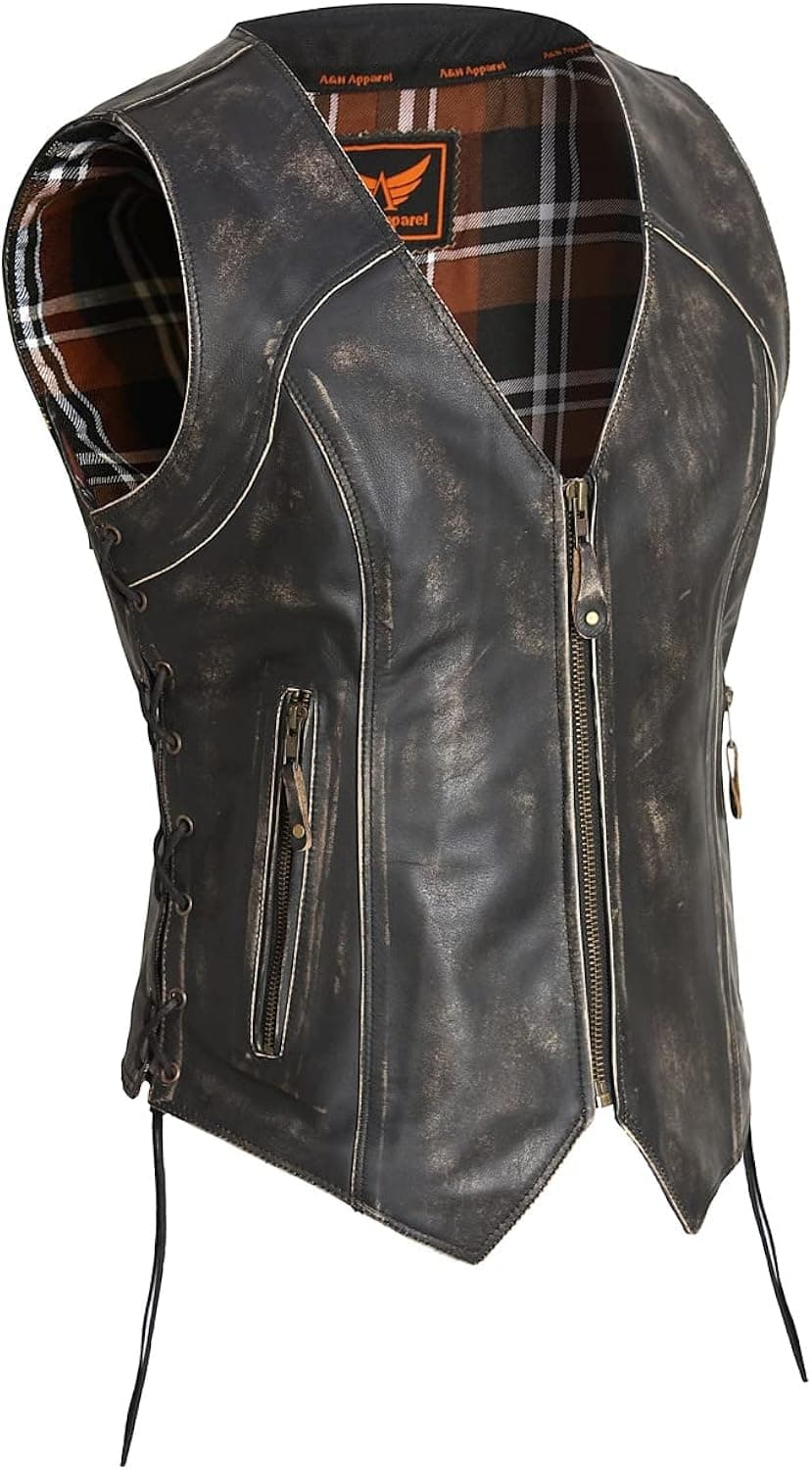 A&H Apparel Women Motorcycle Cowhide Leather Vintage Club Vest with Gun Pocket