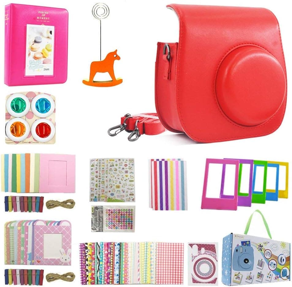 Shaveh 13 in 1 Camera Accessories Set for Fujifilm Instax Mini 8/8+ Mini 9 Include Camera Case/Colored Filters/Wall Hang Frames/Film Frames/Border Stickers/Corner Stickers/Diamond Stickers (Red)