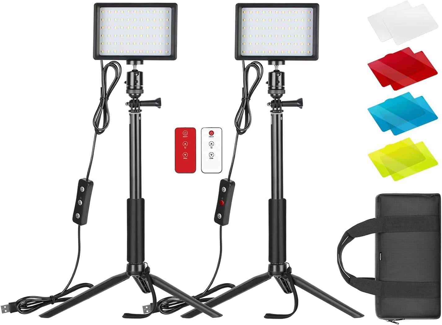 Neewer Dimmable 5600K USB LED Video Light 2-Pack with Remote Control,Tripod Stand,Color Filters and Bag for Tabletop/Low-Angle Shooting,Zoom/Video Conference Lighting/Gaming Live/YouTube/Photography