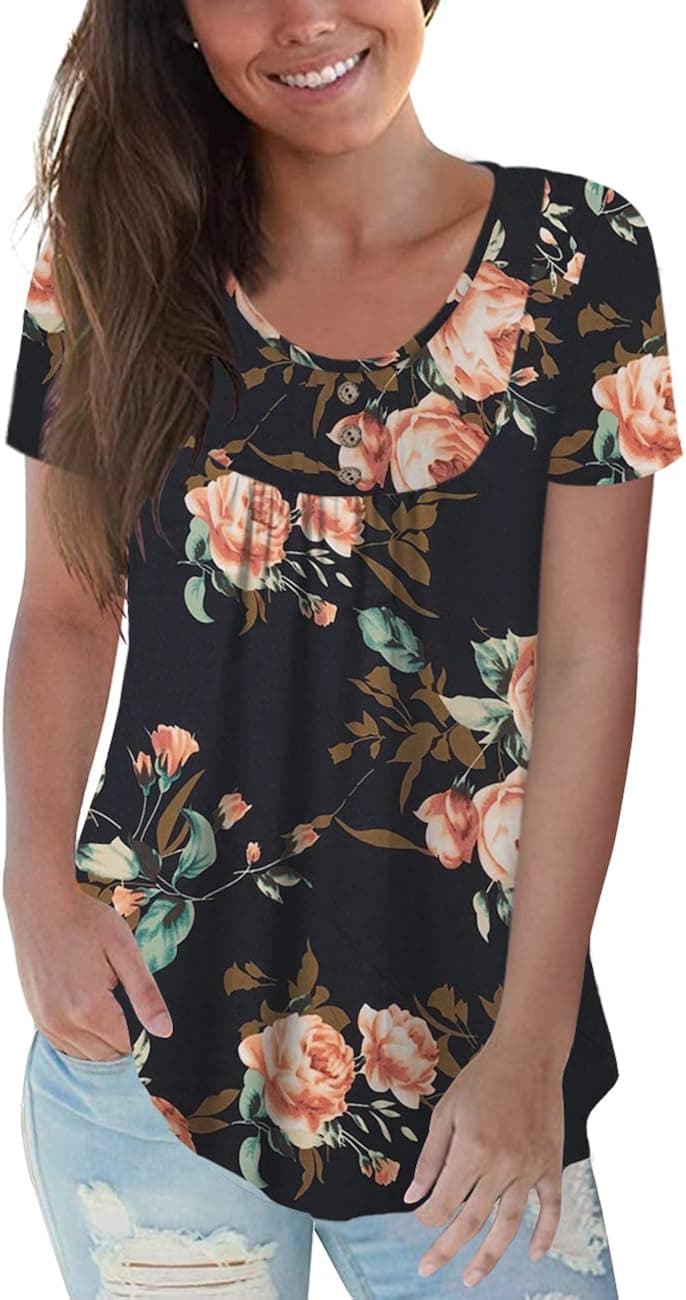 CPOKRTWSO Women's Plus Size Casual Tunic Tops Floral Blouses Short/Long Sleeve Henley T Shirts for Women M-4XL