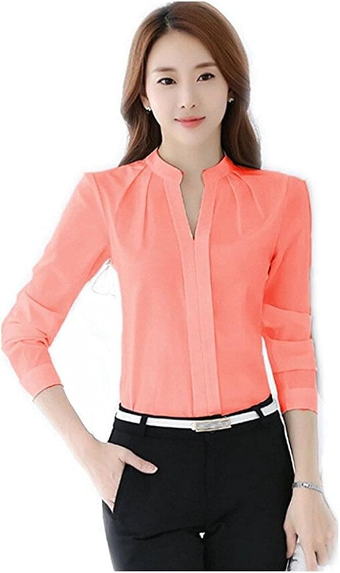 Women V-Neck Long Sleeve Sheer Chiffon Shirt Blouse Tops Elegant Solid Casual Shirts