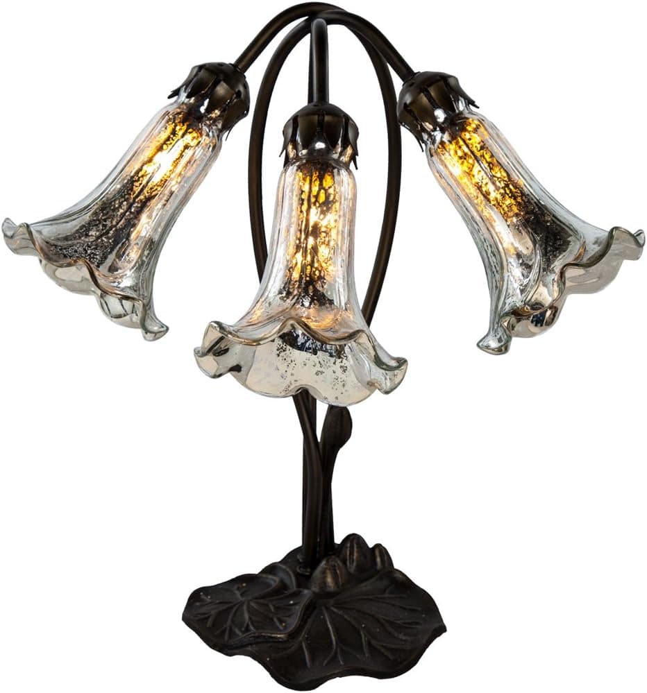 River of Goods 14709H 16" H Mercury Glass 3 Lily Downlight Accent Lamp, Silver