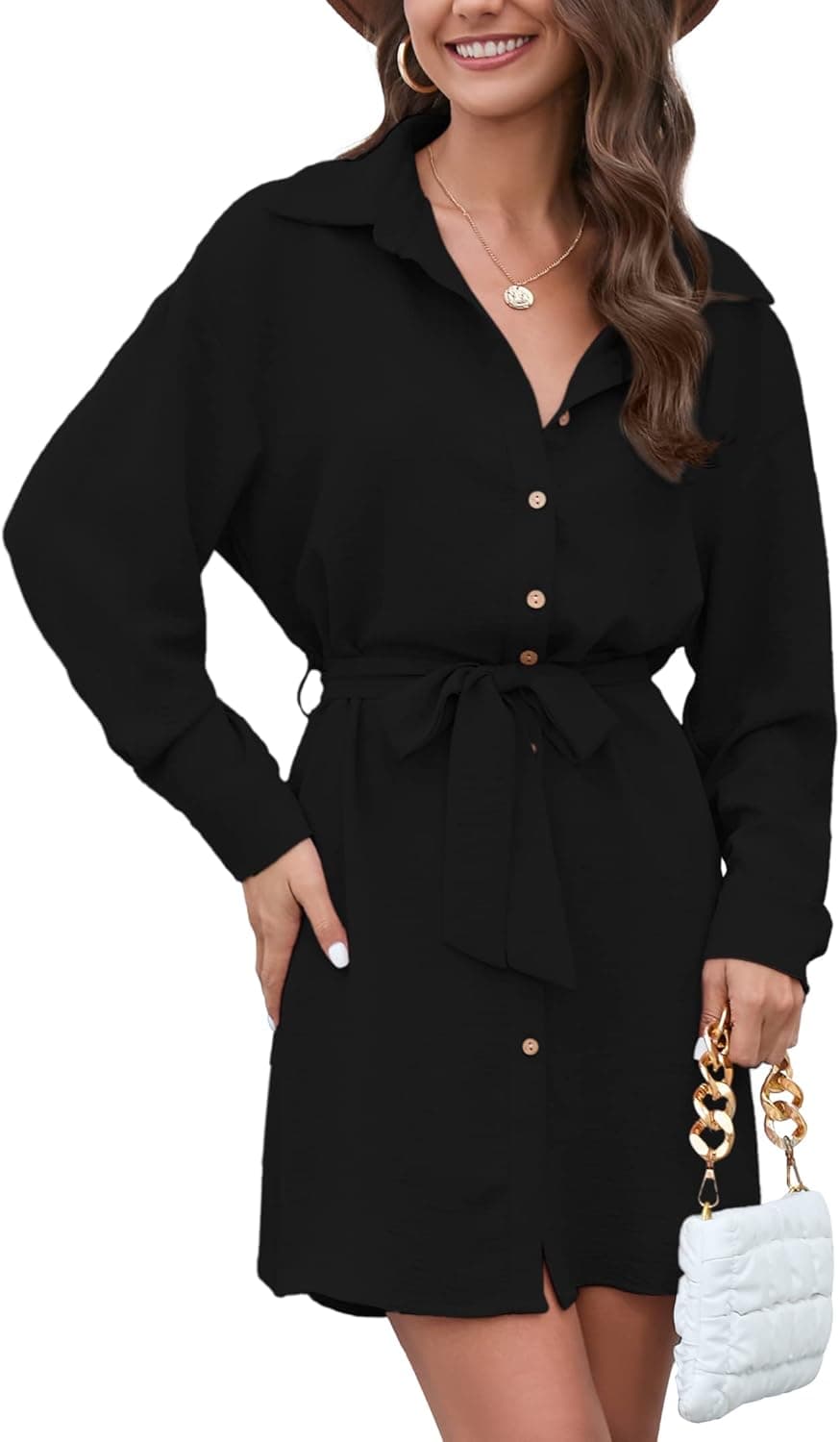 KOJOOIN Women's Long Sleeve Tie Belt Mini Shirt Dress Collared Button Up Long Shirt Top