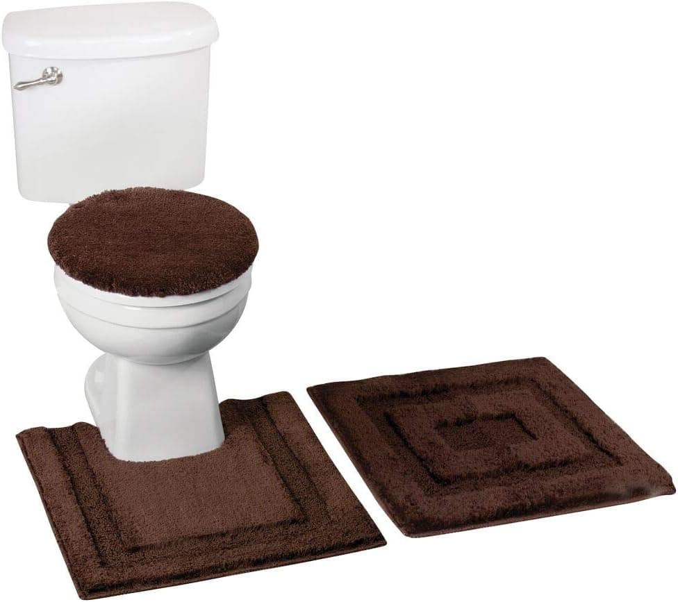 mDesign Soft Microfiber Polyester Bathroom Spa Rug Set - Water Absorbent, Machine Washable - Includes Plush Non-Slip Rectangular Accent Rug, Contour Mat, Toilet Lid Cover - Set of 3 - Chocolate Brown