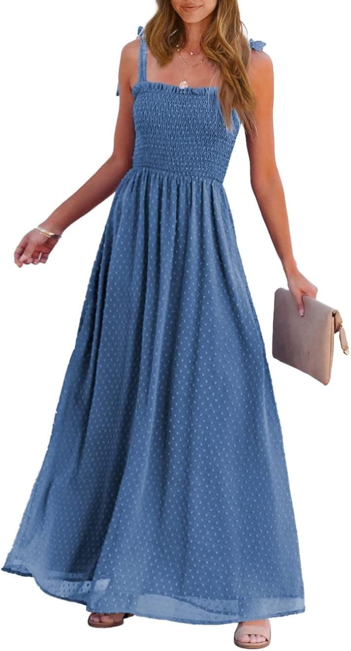 PRETTYGARDEN Women's Casual Summer Boho Maxi Dresses 2023 Tie Straps Square Neck Solid Swiss Dot Smocked Long Sun Dress