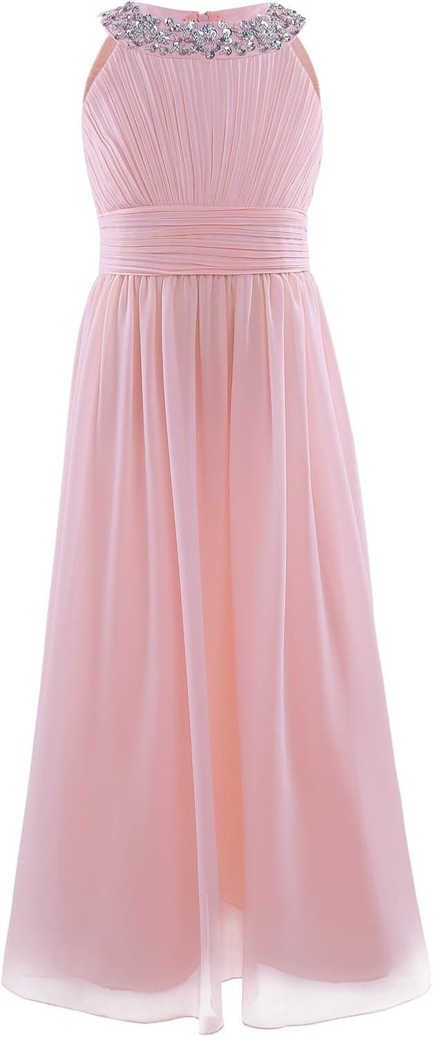 iEFiEL Girls Sequins Neck Chiffon Long Gown Pageant Prom Party Wedding Bridesmaid Flower Girl Dress