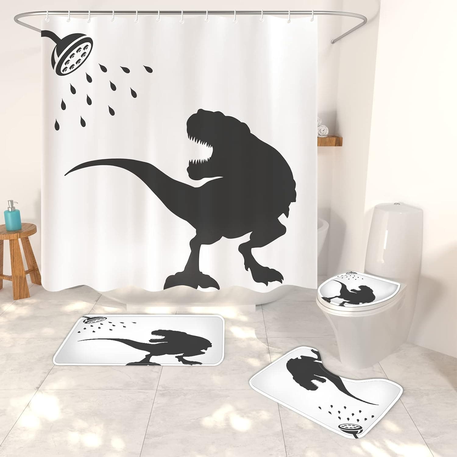 4-Piece Cartoon Dinosaur Kids Shower Curtain Set Cute Dinosaur Backdrop Bathroom Set with Fun Dinosaur Curtain and Rug and Accessories Funny Fabric Shower Curtain with 12 hooks-72 x 72 inches