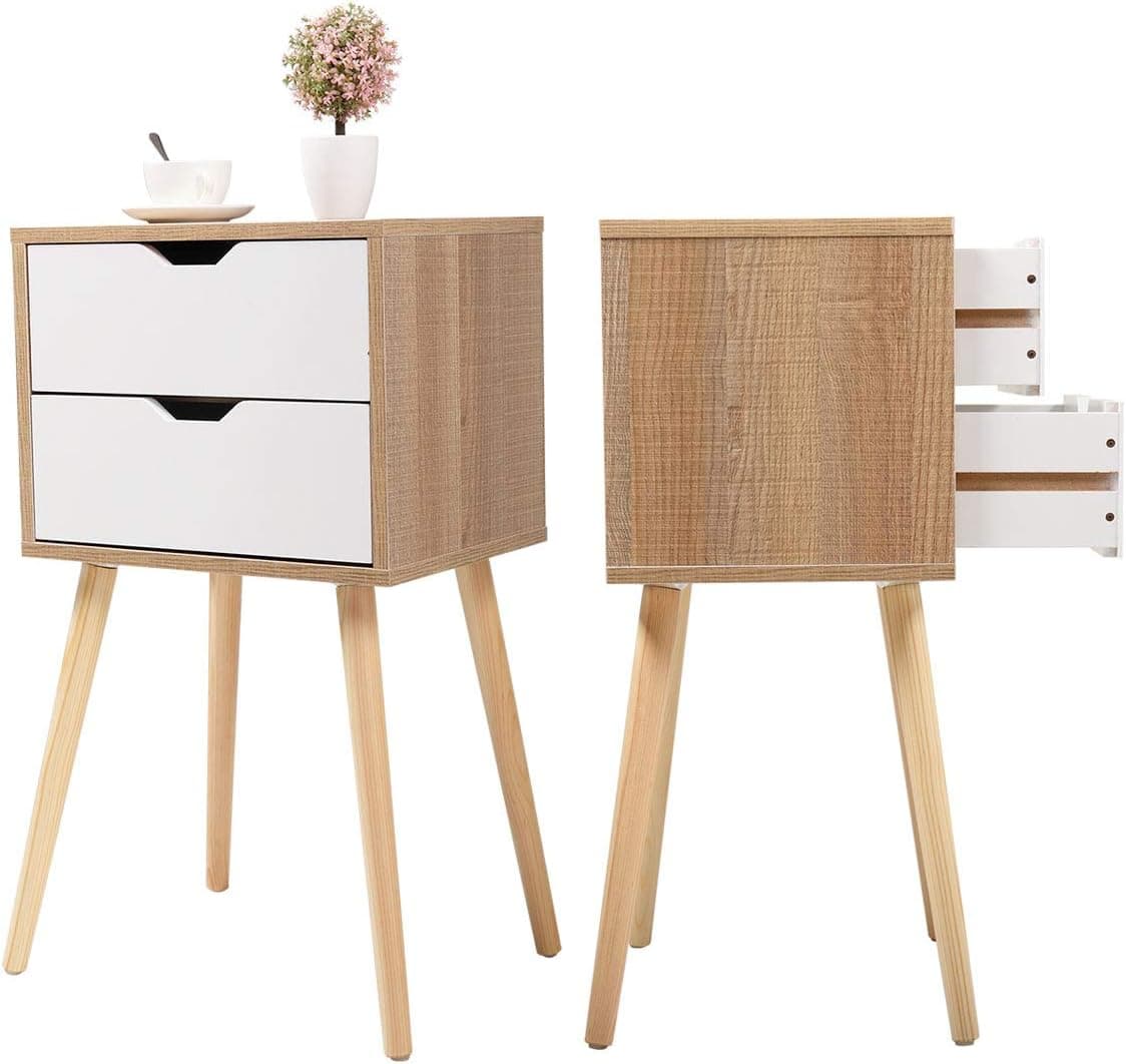 Set of 2 Drawers End Table Storage 2 Nightstand, Wood Cabinet Bedroom Accent Side Table, White&Walnut