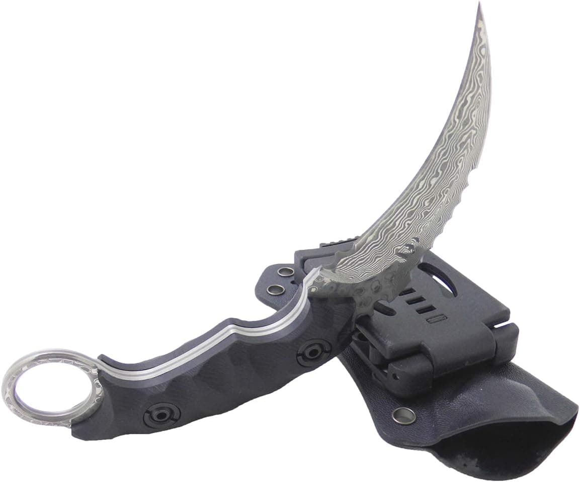 MASALONG Outdoor Survival claw Tactical teeth Knife Double edged sharp Fixed Blade Knife With Sheath (Damascus full tang)