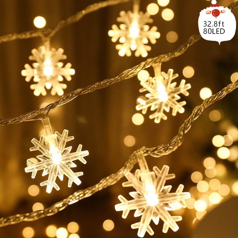 Christmas Snowflake String Lights 32.8ft 80LED Fairy Lights Battery Operated Waterproof for Xmas Garden Patio Bedroom Party Decor Indoor Outdoor Celebration Lighting, Warm White (10M 80 Lights)