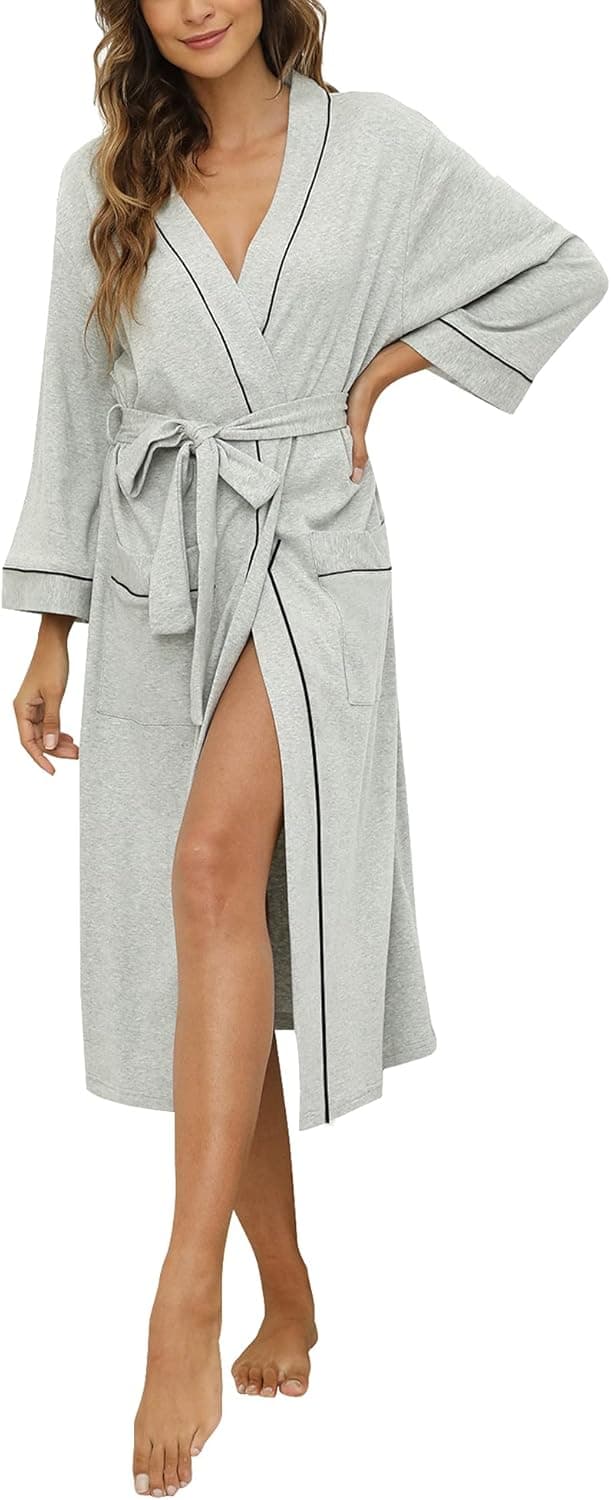 HEARTNICE Womens Robe, Soft Kimono Spa Knit Long Bathrobe Lightweight Blended Cotton Loungewear with 3/4 Sleeve