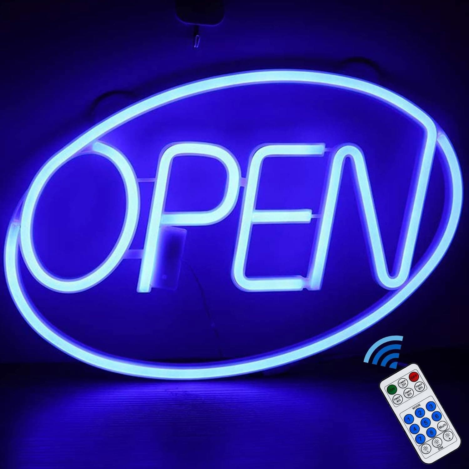 AMEVRGTHS Open Neon LED Sign Light for Business Window, 8 LED Lighting Modes, 16"x 10", Battery/USB Powered with Remote Control Adjustable Brightness for Door Sign Birthday Party Christmas (Blue)