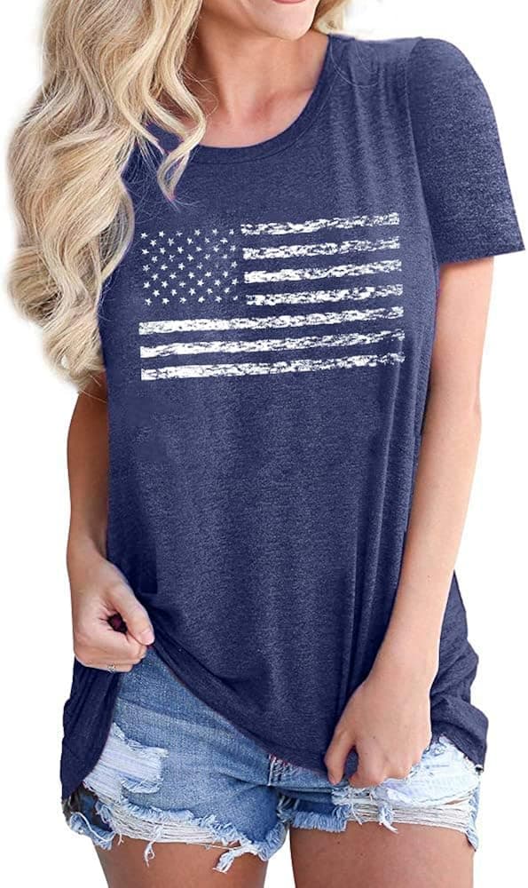 MYHALF American Flag T Shirt Women Patriotic USA Flag Stars Stripes Tee July 4th Graphic Casual Shirts