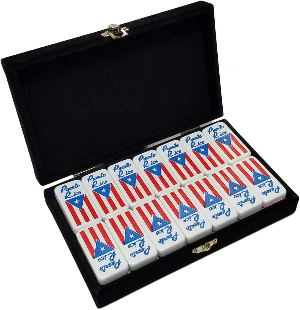 Marion White Double Six Domino in Velvet Box with Puerto Rico Flag Engraved