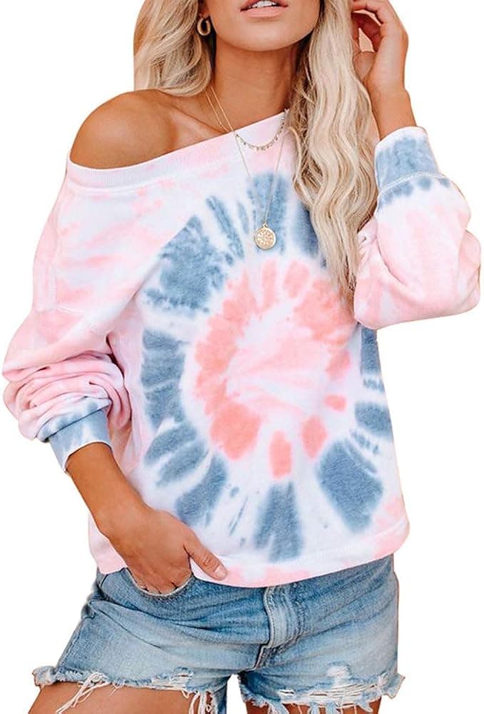 Begonia.K Women's Tie Dye Sweatshirt Off Shoulder Loose Casual Long Sleeve Crew Neck Pullover Tops Shirts Red