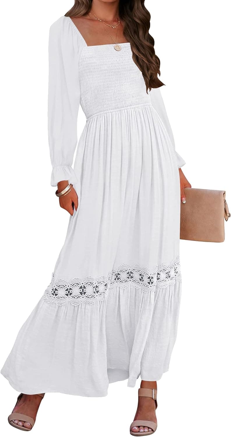 ZESICA Women's 2023 Boho Long Sleeve Square Neck Smocked High Waist Flowy A Line Lace Trim Maxi Dress