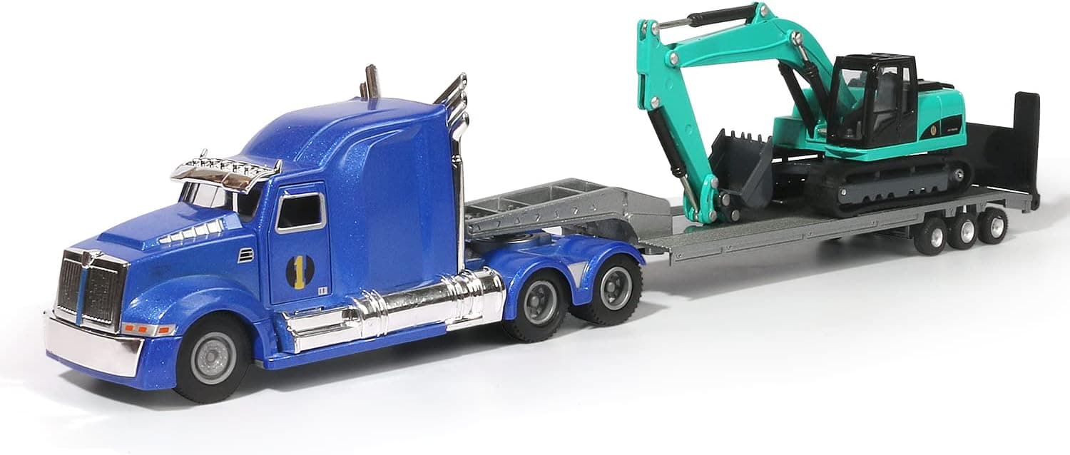 Diecast Toy Model Flatbed Truck w/ Excavator Tractor Metal Construction Vehicle Models Toys for Kids