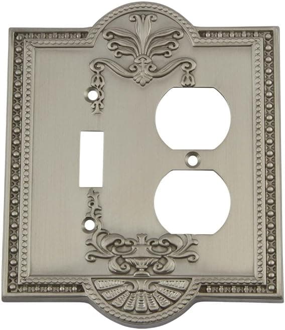 Nostalgic Warehouse 720007 Meadows Switch Plate with Toggle and Outlet, Satin Nickel