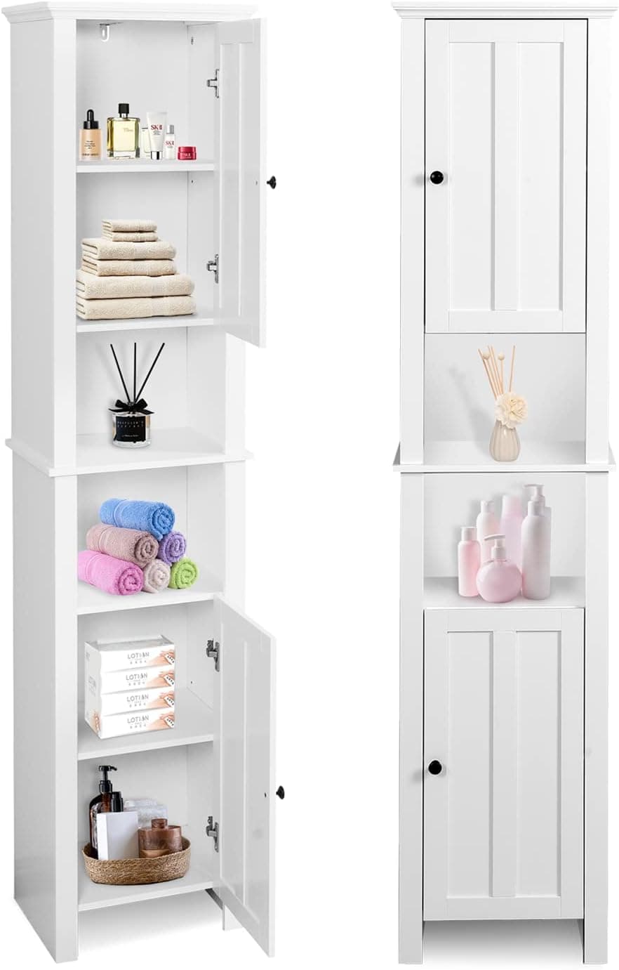 Unovivy Tall Bathroom Storage Cabinet Floor Standing Freestanding Linen Tower with 2 Doors & 6 Shelves, 15.7X 11.8X 66.9 Inches, for Living Room, Kitchen, White