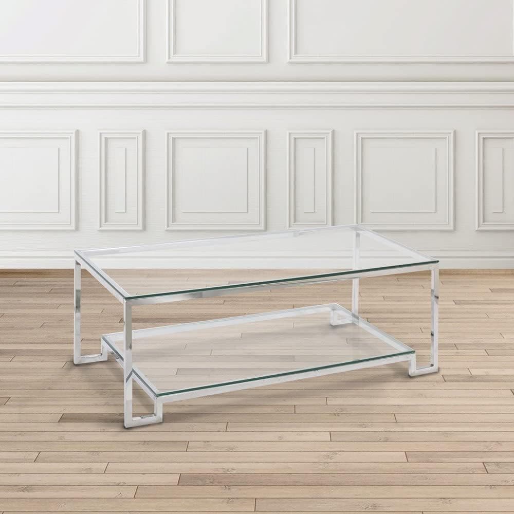 Uptown Club Jackson Modern Living Room Accent Durable Metal Frame, Bottom Shelf and Tempered Glass Top, Coffee Table, Silver