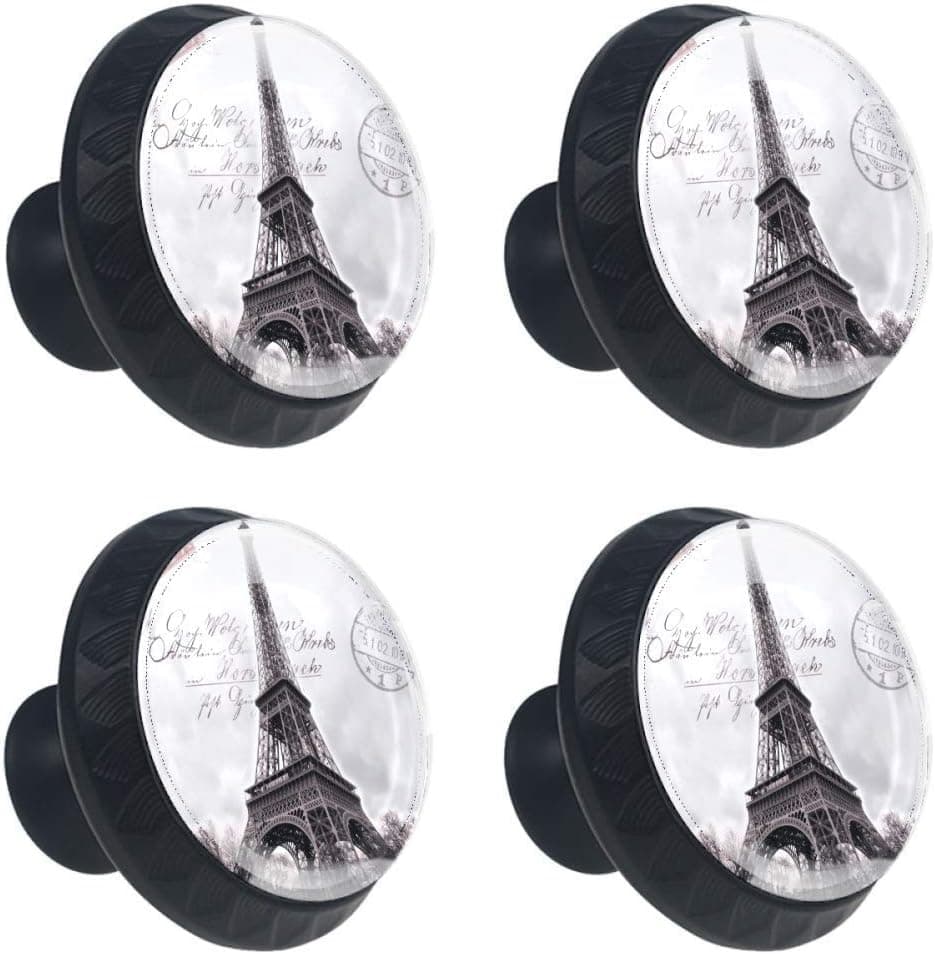 MUOOUM 4 Pieces Drawer Knob Pull Handle Paris Eiffel Tower Stamp Crystal Glass Circle Shape Cabinet Drawer Pulls Cupboard Knobs with Screws for Home Office Cabinet Cupboard